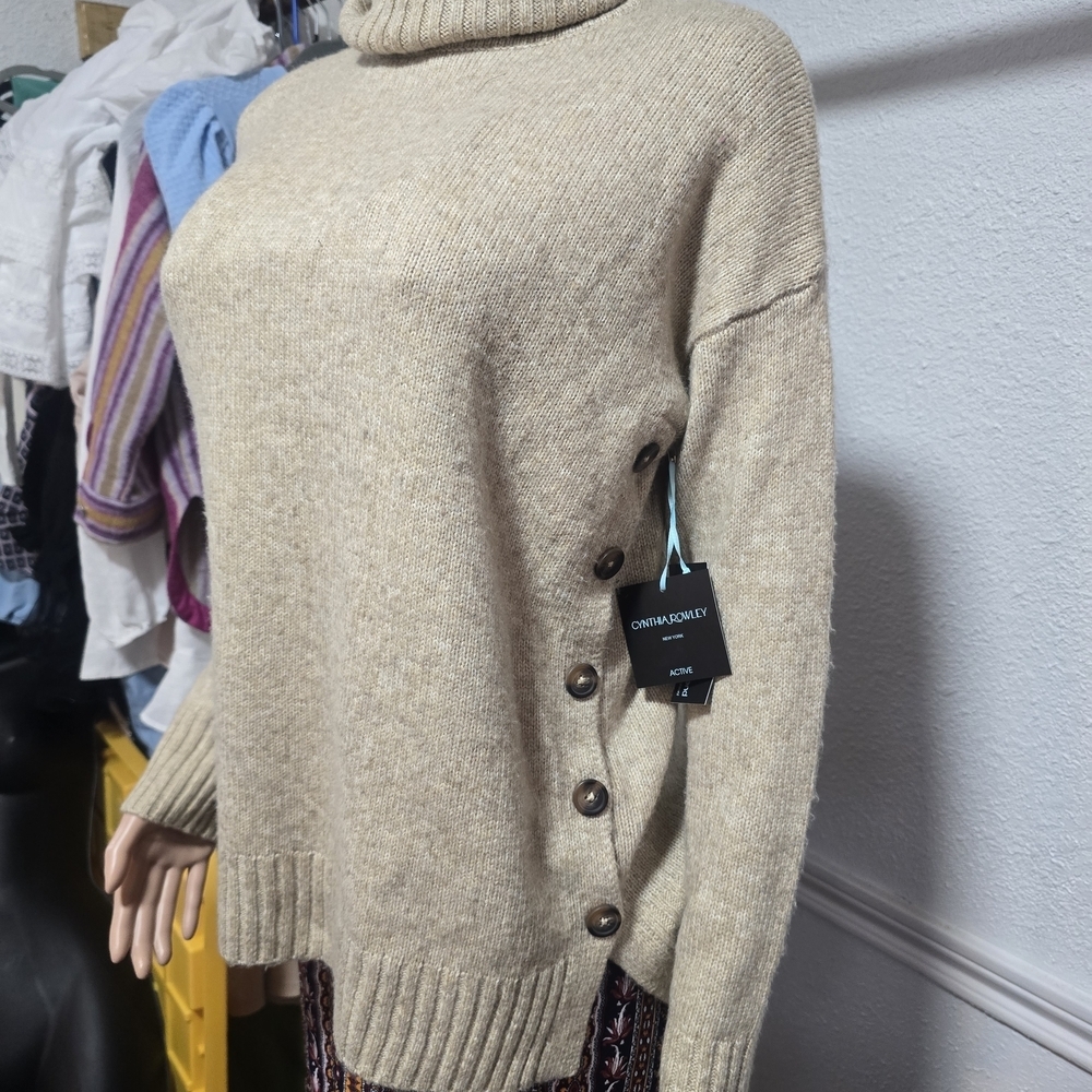 Cynthia Rowley Cream Turtleneck Sweater with Button Accents - Picture 4 of 7